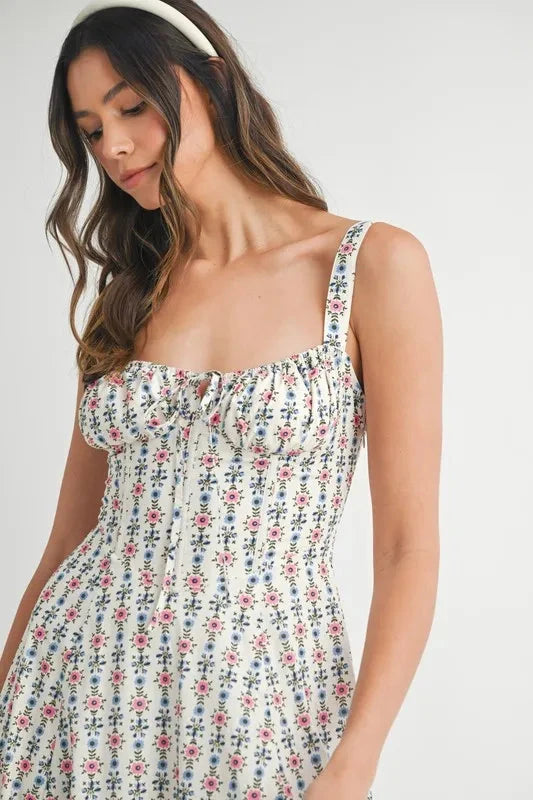 MABLE Floral Print Bustier Back Lace Up Midi Dress