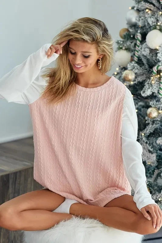 BiBi Cable Sweater Knit Top with Contrast Puff Sleeve