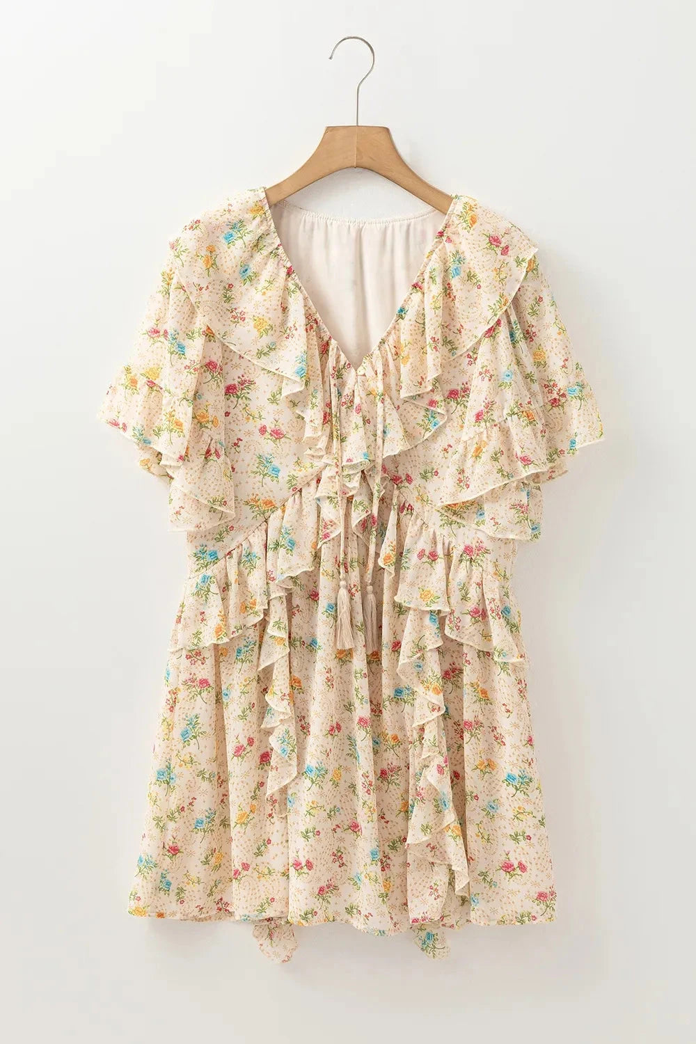Boho Floral Tassel Tie V Neck Ruffle Wide Sleeve Mini Dress