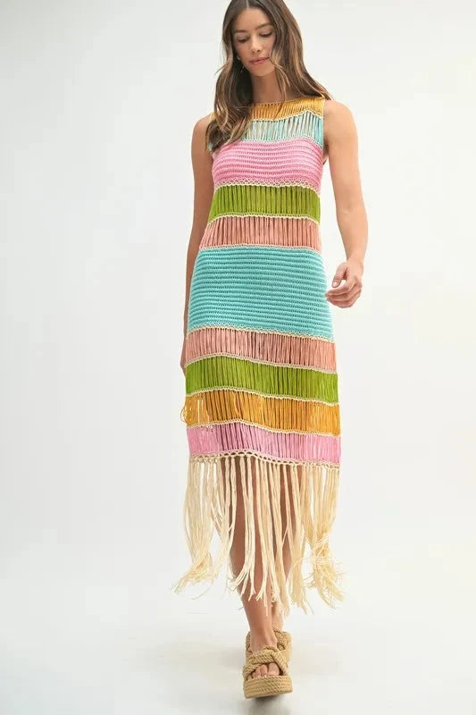 MABLE Multi Color Fringed Crochet Knit Dress