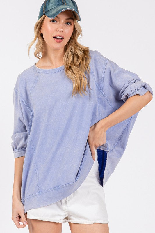 SAGE + FIG Mineral Washed Side Slit Round Neck Sweatshirt - Laazaar