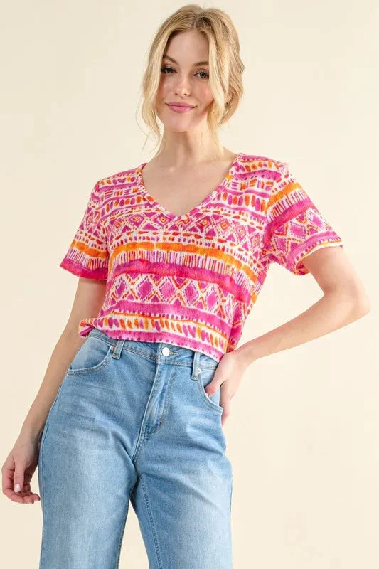 And The Why Printed V Neck Cropped T-Shirt