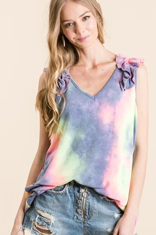 BiBi Tie Dye French Terry V Neck Top with Ruffle