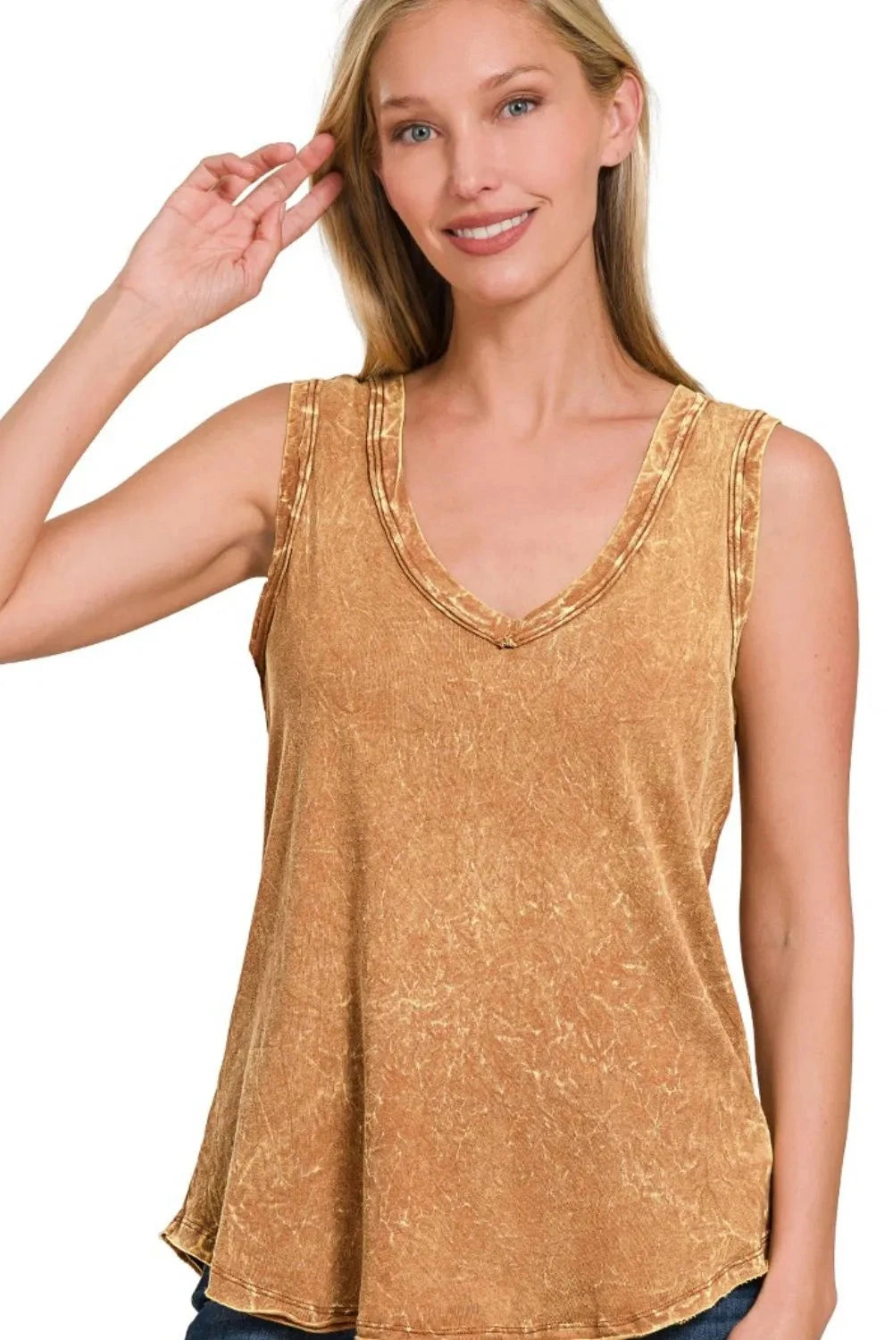 Zenana Crinkle Washed V-neck Sleeveless Top