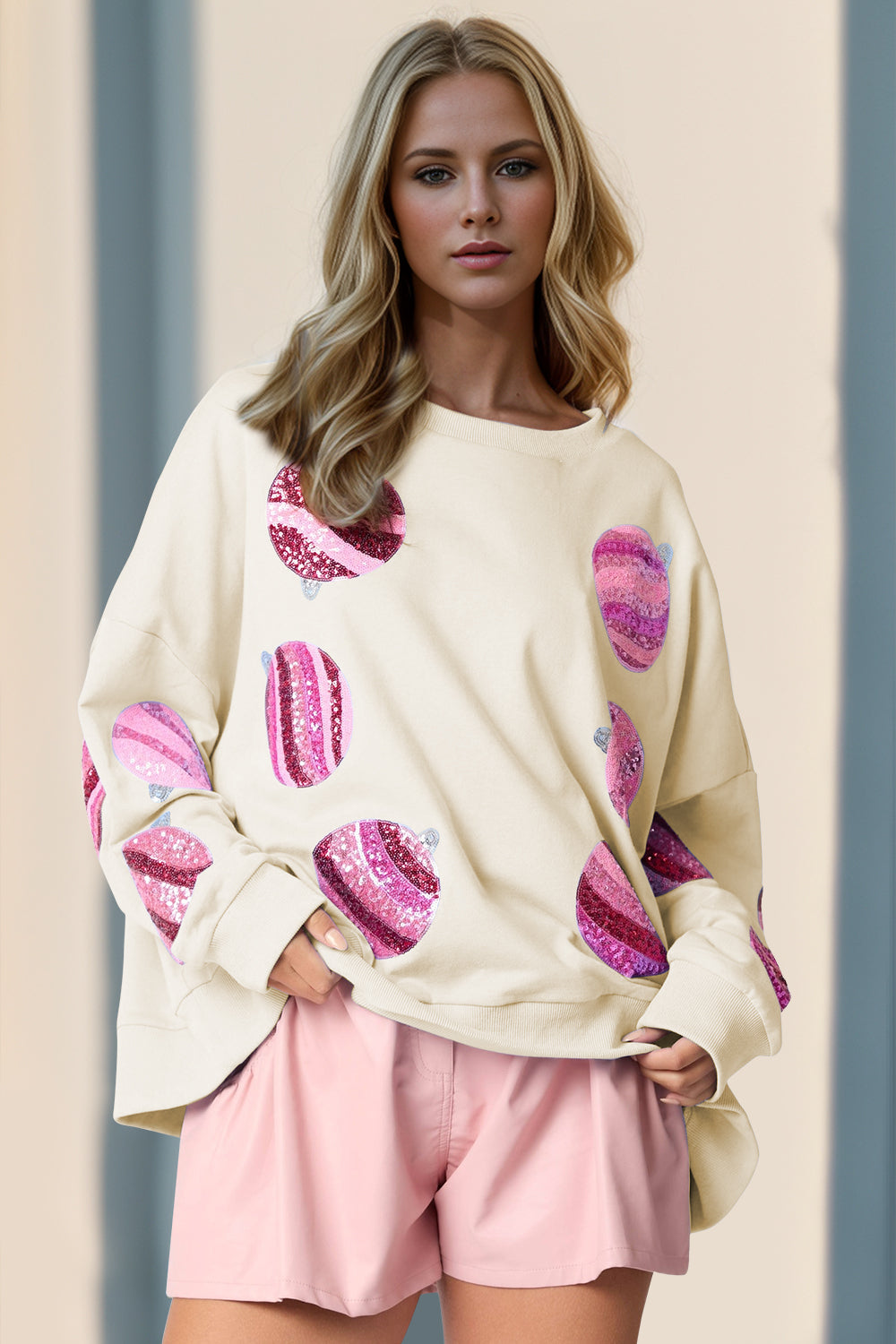 Double Take Sequin Round Neck Long Sleeve Sweatshirt - Laazaar