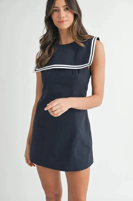 MABLE Contrast Piping Square Sailor Collar Mini Dress