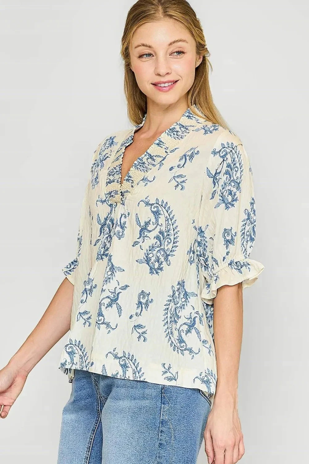 Umgee Ruffle Details Printed Half Sleeve Blouse