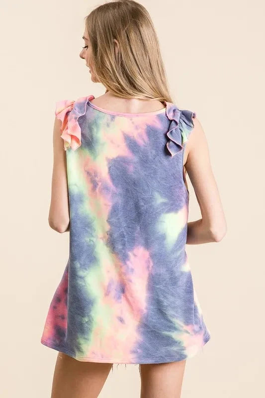 BiBi Tie Dye French Terry V Neck Top with Ruffle