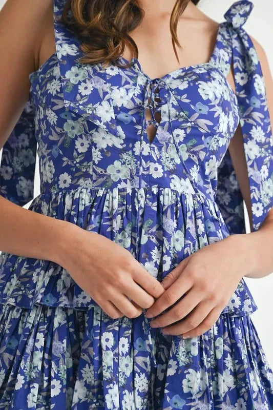 MABLE Floral Print Shoulder Tie Layered Mini Dress
