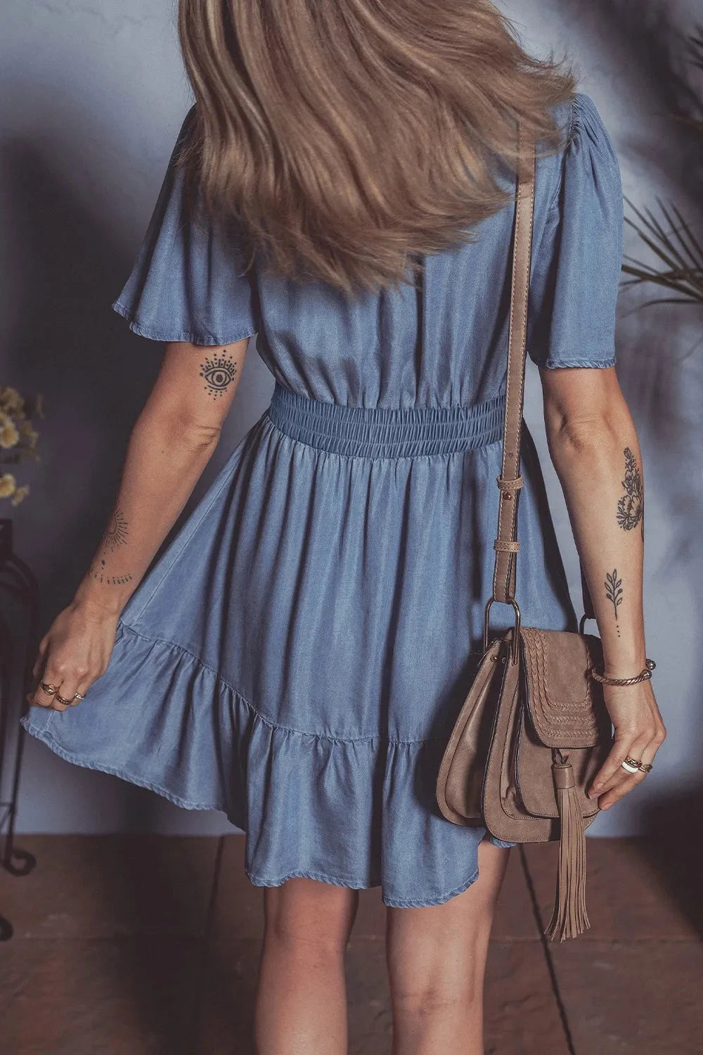 Ruffled Hem Smocked Flutter Sleeve Denim Mini Dress