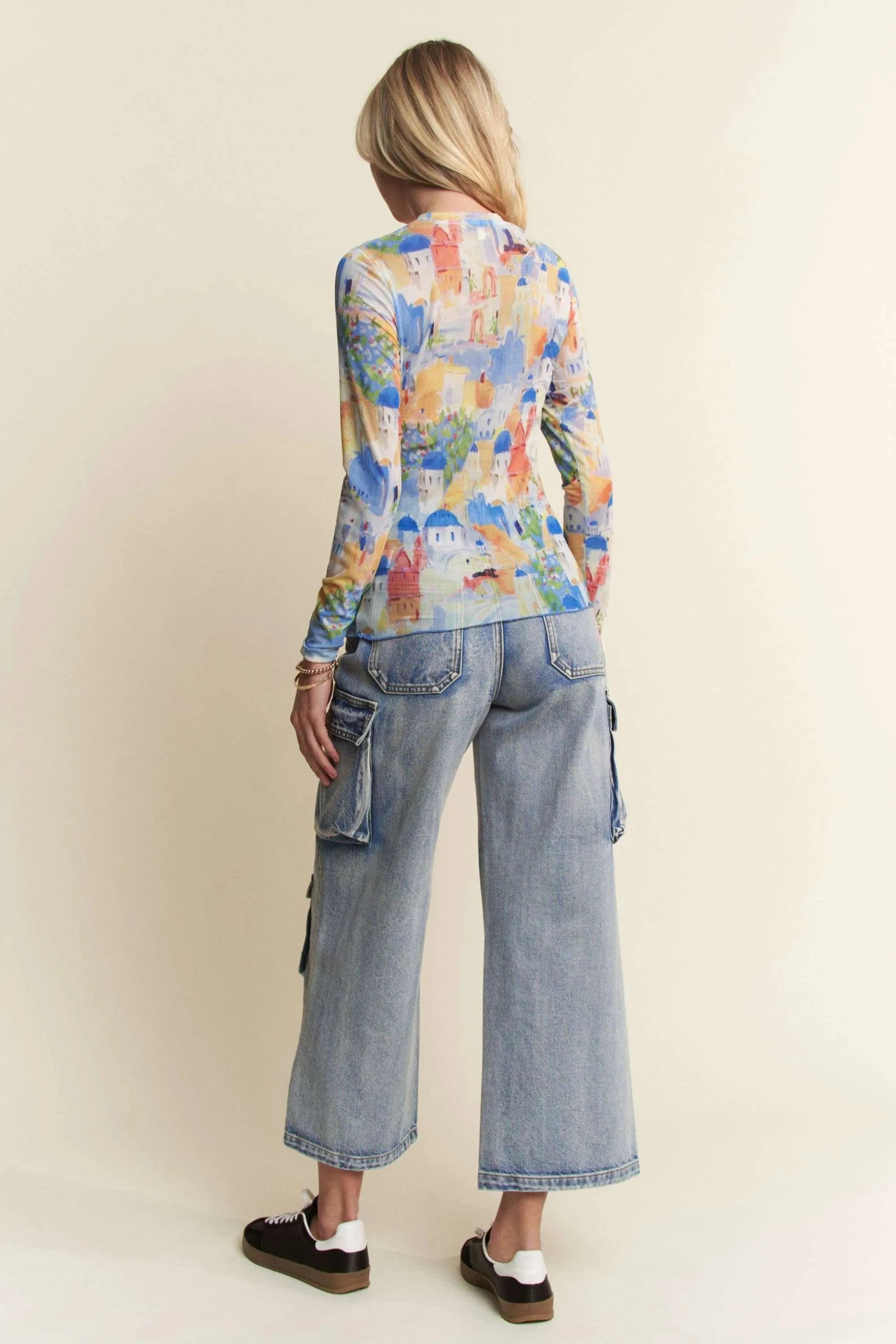 Davi & Dani Multi Printed Mesh Round Neck Long Sleeve Top