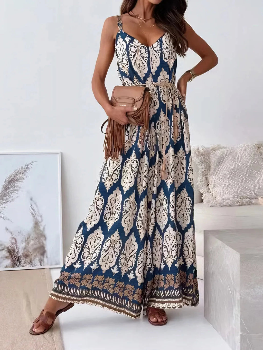 Printed V-Neck Wide Leg Jumpsuit