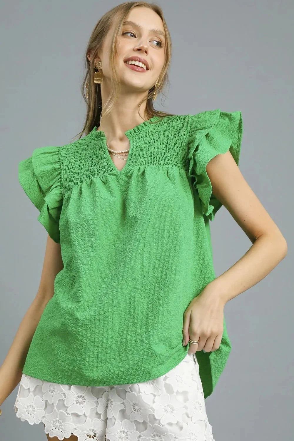 Umgee Smocked Layered Ruffle Sleeve Blouse