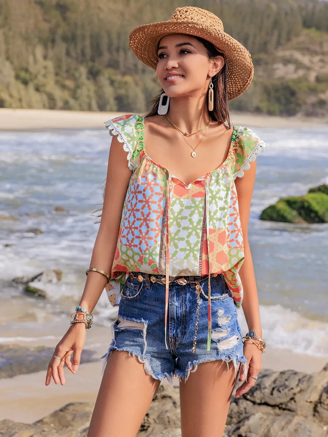 Lace Detail Printed Tie Neck Cap Sleeve Blouse