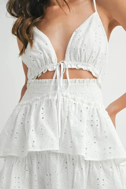 MABLE Lace Eyelet Ruffle Mini Dress With Front Cutout