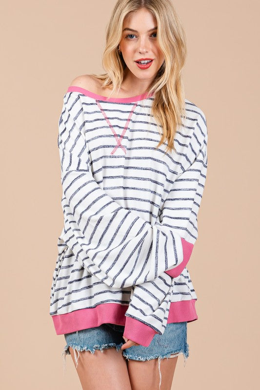 Ces Femme Striped Round Neck Drop Shoulder Sweatshirt - Laazaar