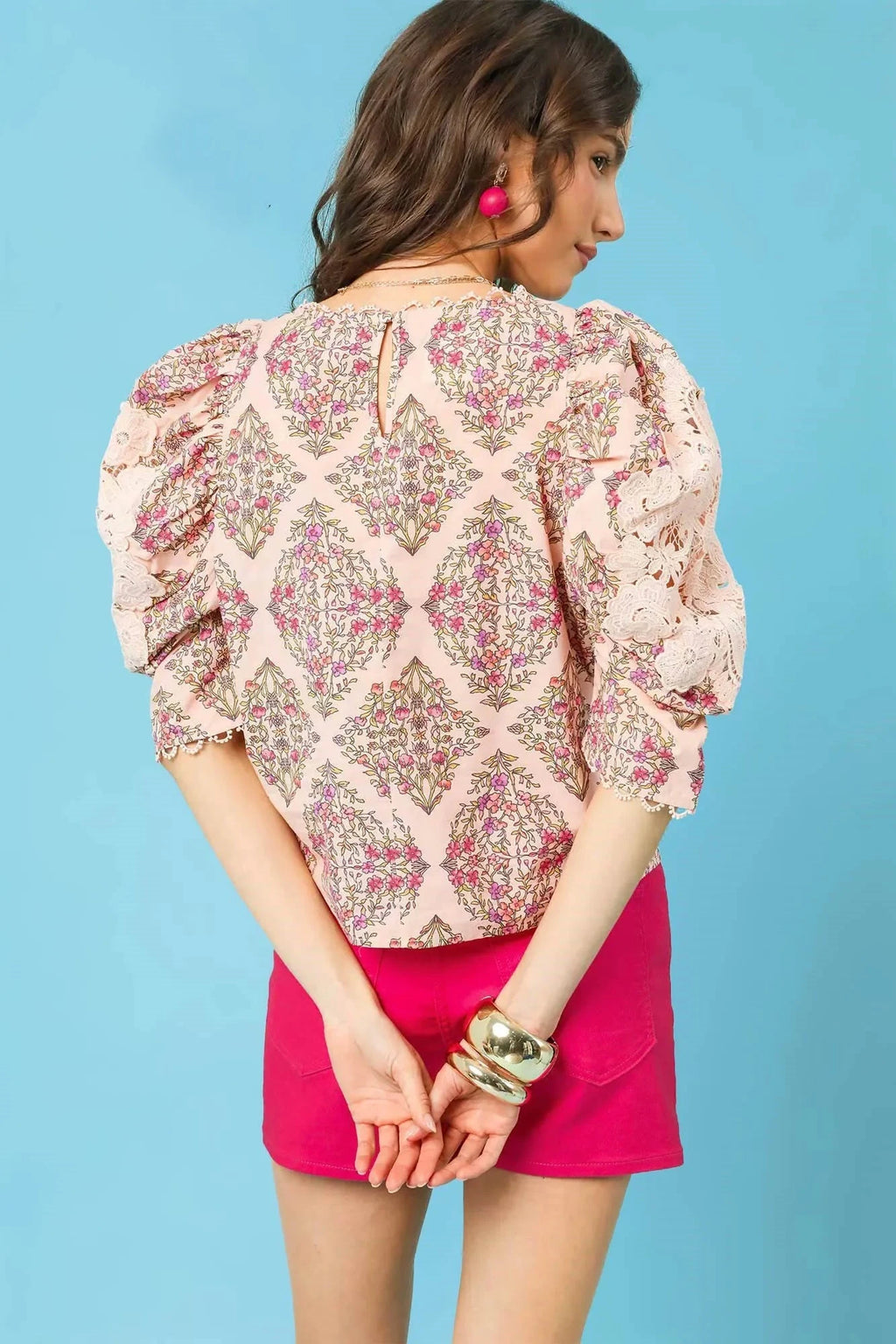 Umgee Printed Lace Puff Sleeve Blouse
