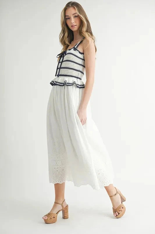 MABLE Crochet Stripe Knit Eyelet Mix Midi Dress