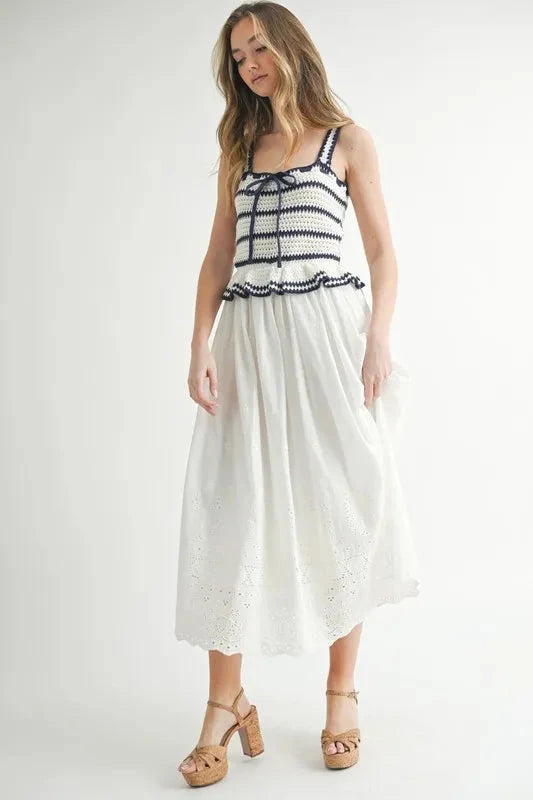 MABLE Crochet Stripe Knit Eyelet Mix Midi Dress