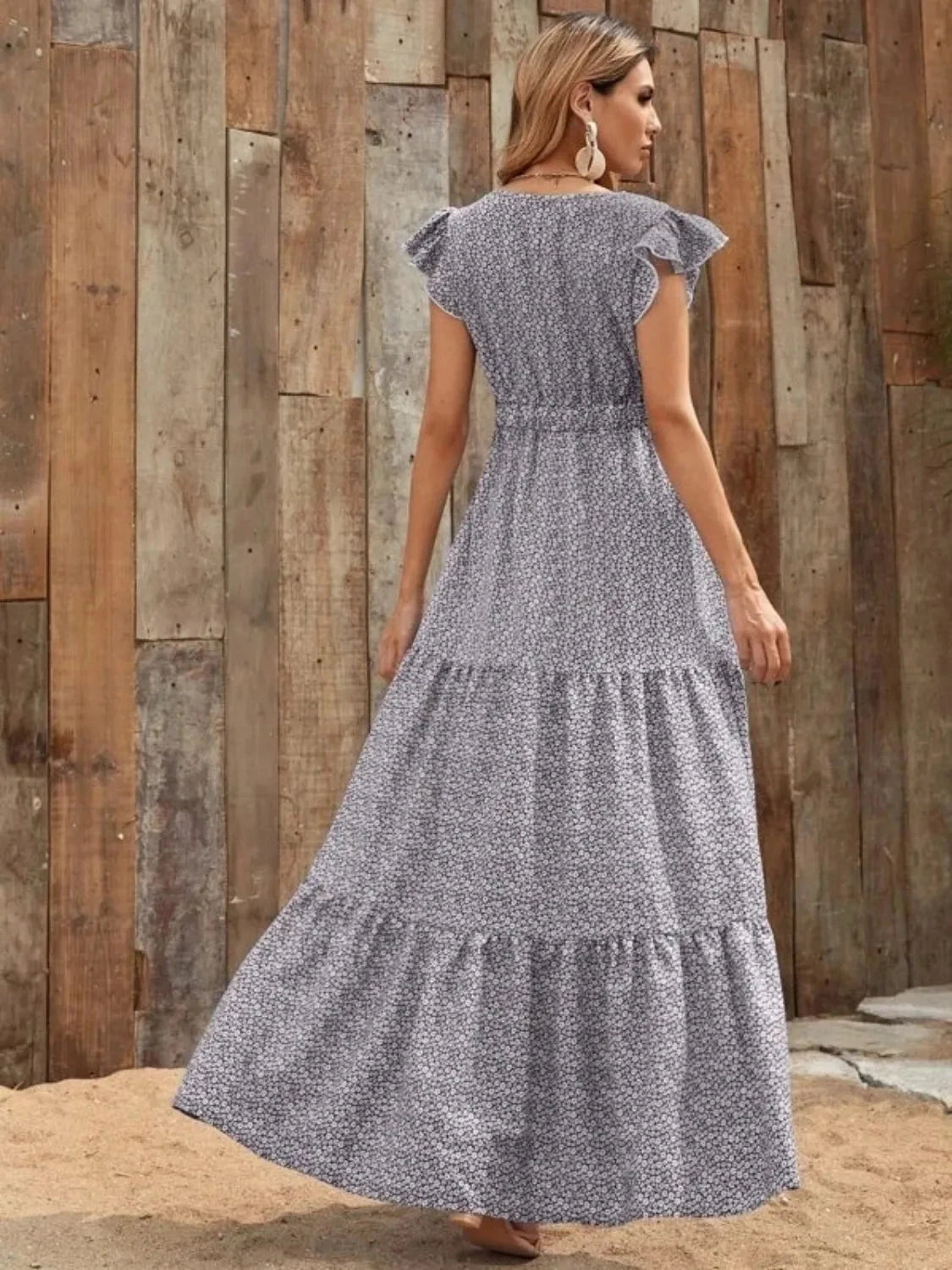 Printed V-Neck Ruffled Cap Sleeve Maxi Dress