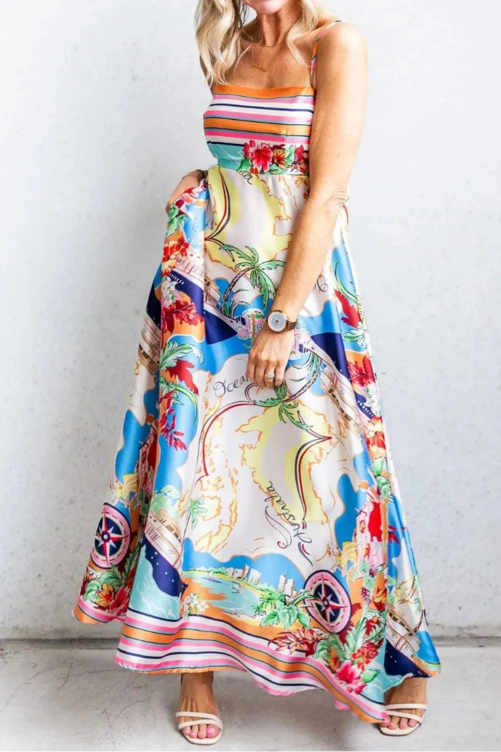 Smocked Back Printed Square Neck Maxi Cami Dress with Pockets