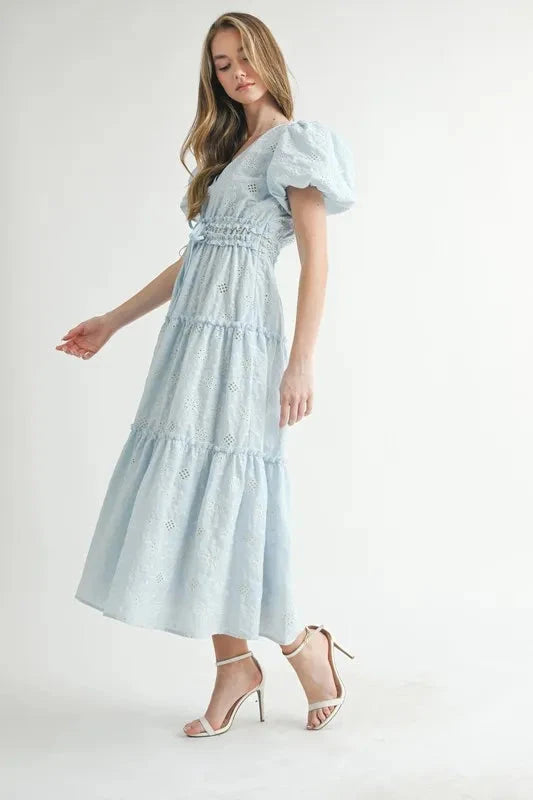 MABLE Eyelet Lace Puff Sleeve V Neck Midi Dress