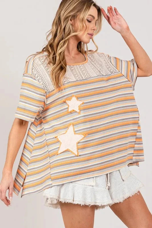 SAGE+FIG Accent Striped with Star Applique T-Shirt