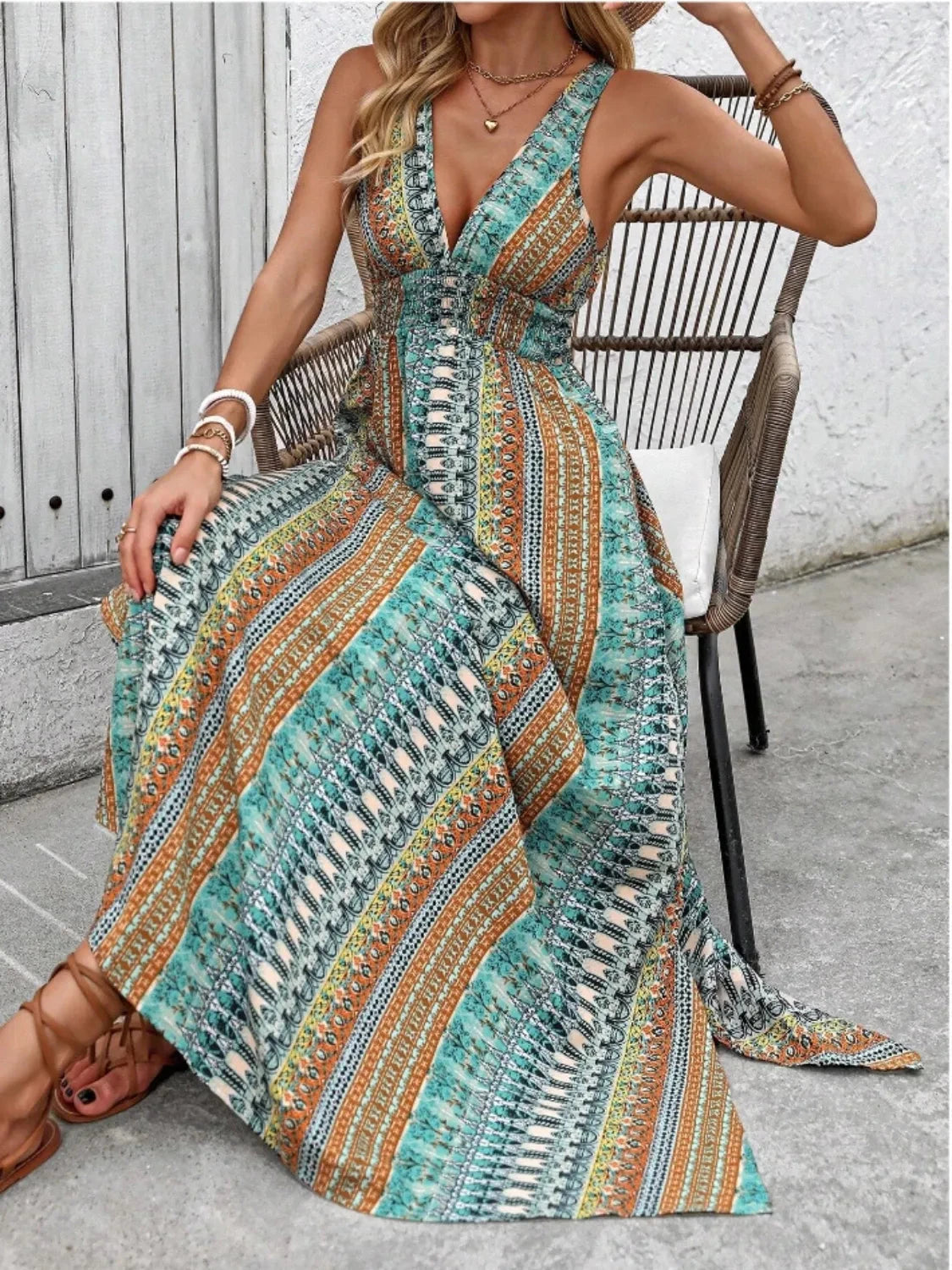 Tied Back Printed Sleeveless Maxi Slit Dress