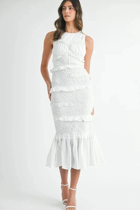 MABLE Ruffled Popcorn Smocked Mermaid Midi Dress