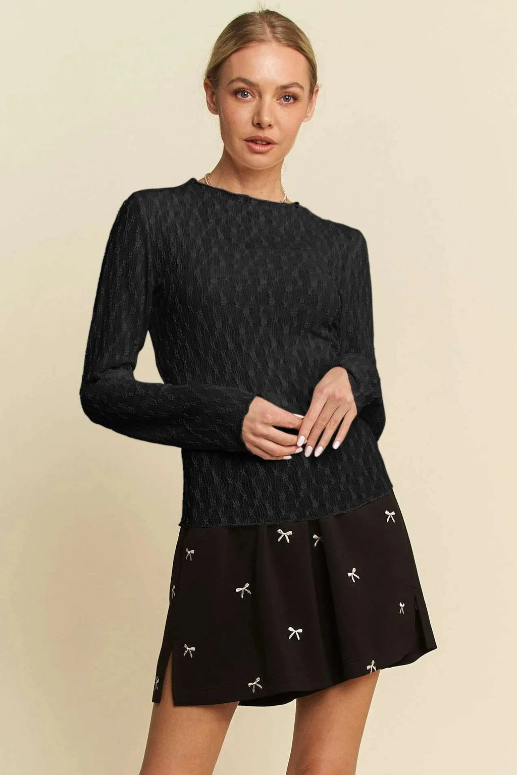 Davi & Dani Long Sleeve Sheer Small Embroidered Bows Lace Top