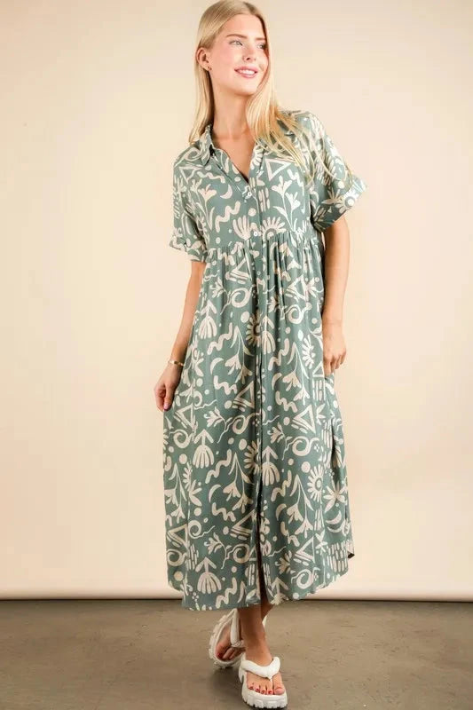 VERY J Oversized Printed Shirt Midi Dress