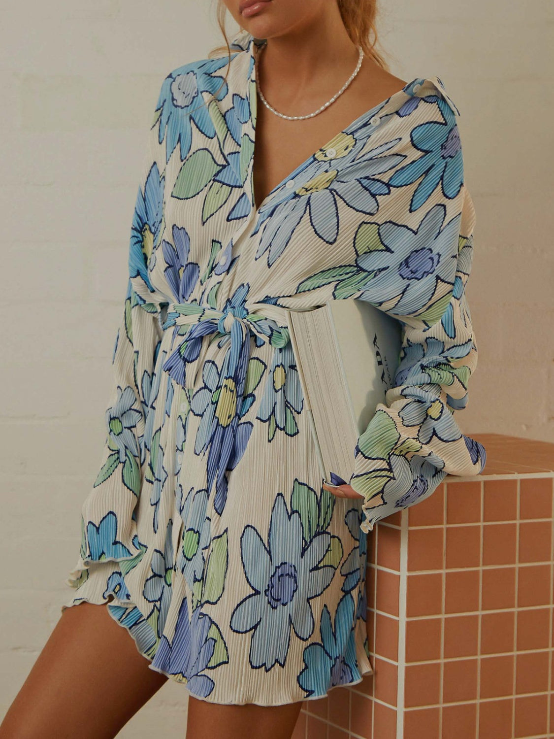 Tied Button Up Long Sleeve Dress - Laazaar