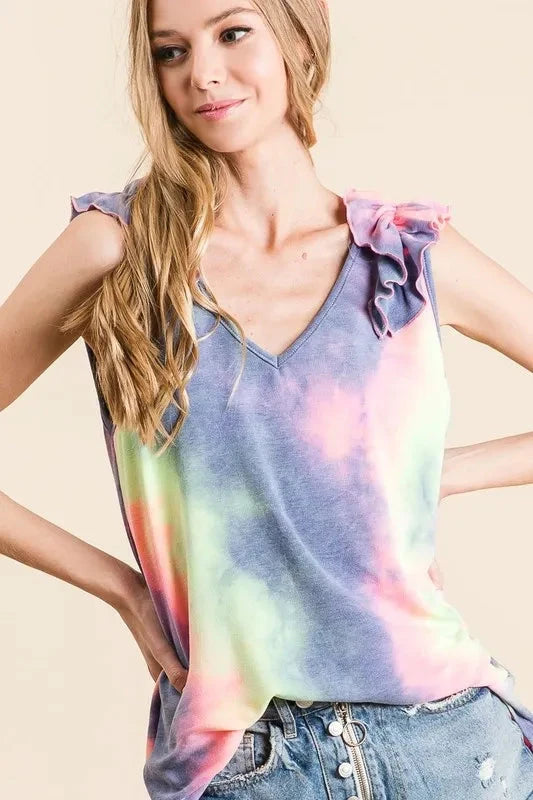 BiBi Tie Dye French Terry V Neck Top with Ruffle