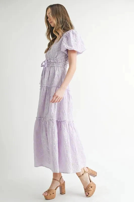 MABLE Eyelet Lace Puff Sleeve V Neck Midi Dress