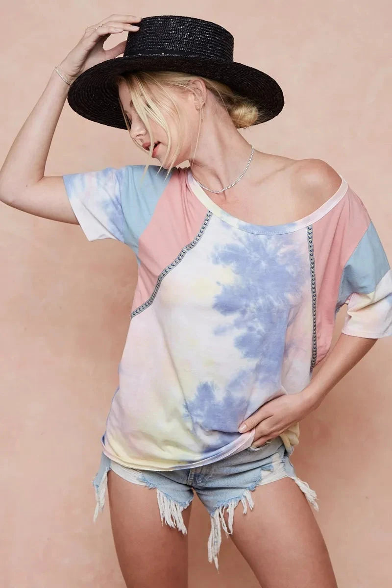BiBi Tie Dye Printed Cotton Color Block T-Shirt