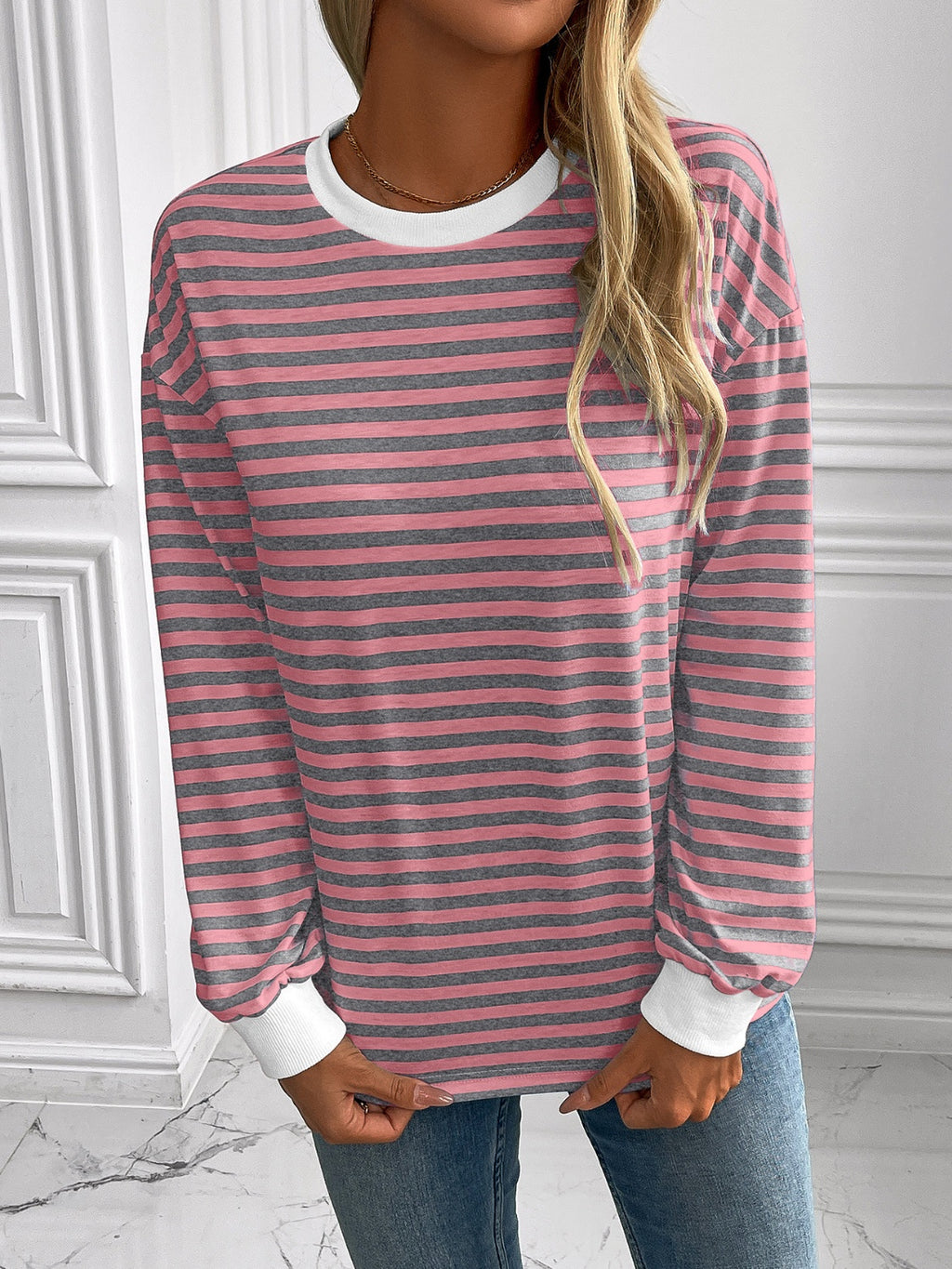 Ivy Lane Striped Round Neck Long Sleeve Sweatshirt - Laazaar