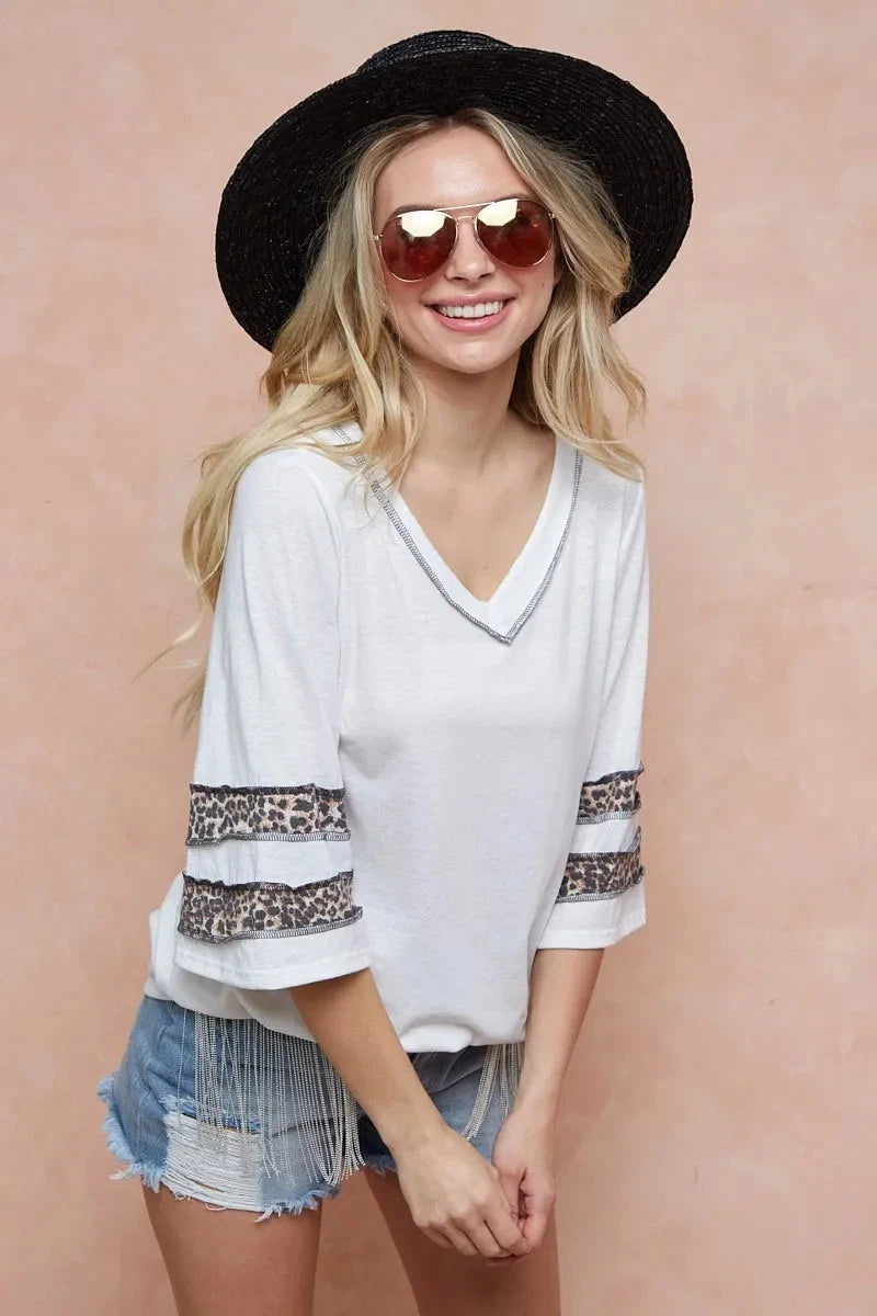 BiBi Triblend Knit Top with Leopard Band Detail