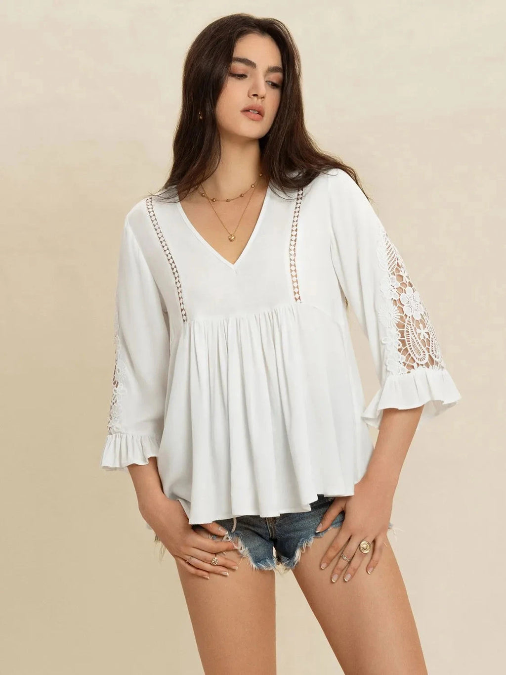 V-Neck Lace Flounce Sleeve Top