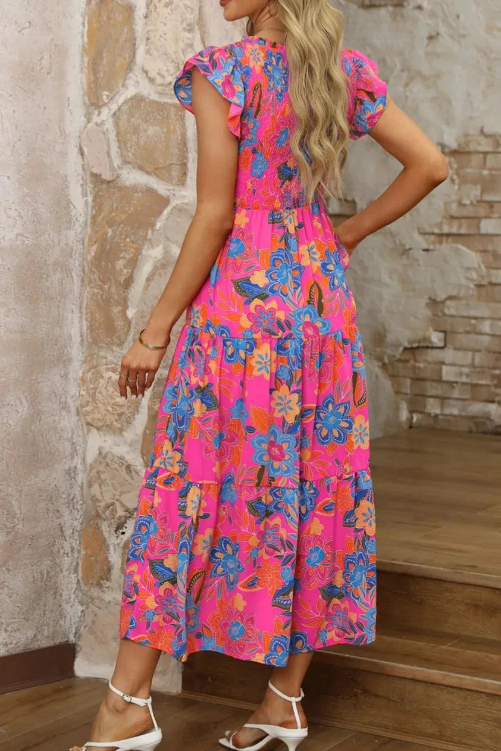 Boho Floral V Neck Ruffle Tiered Dress