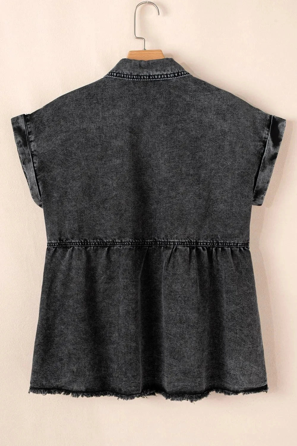 Short Sleeve Flap Pocket Button Up Raw Hem Denim Shirt