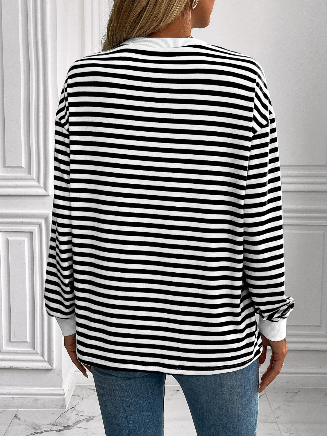 Ivy Lane Striped Round Neck Long Sleeve Sweatshirt - Laazaar
