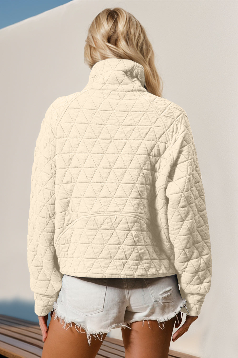 Double Take Half Zip Long Sleeve Quilted Sweatshirt with Pocket - Laazaar