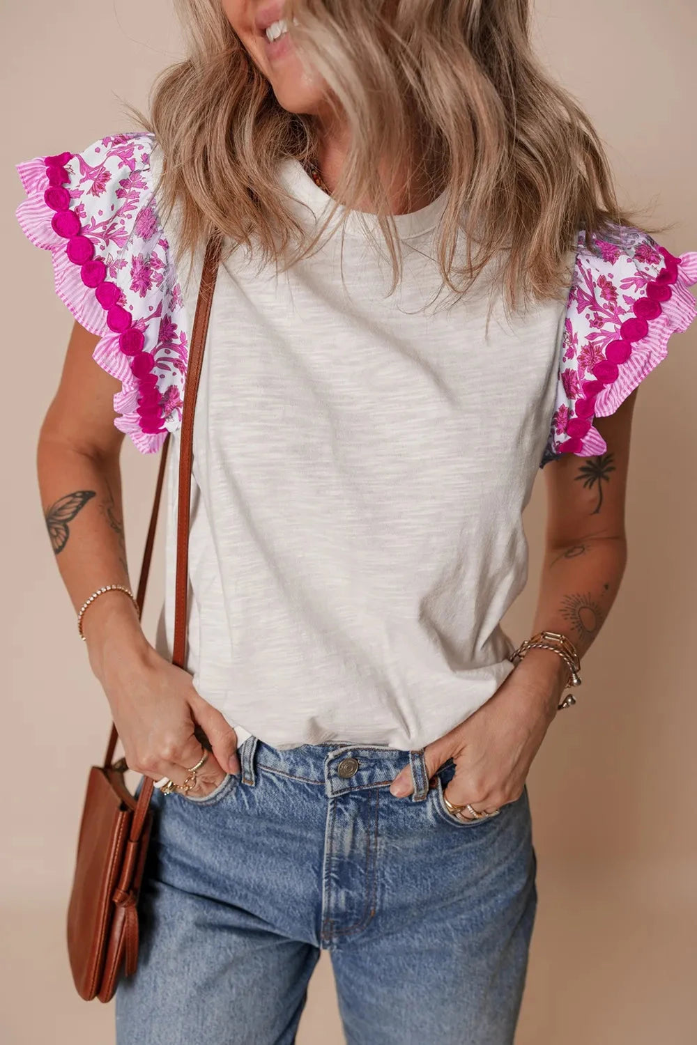 Ruffled Round Neck Cap Sleeve Blouse