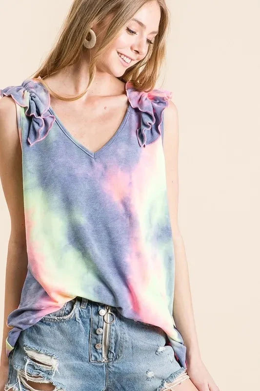 BiBi Tie Dye French Terry V Neck Top with Ruffle