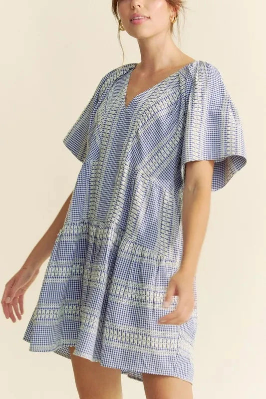 Davi & Dani Embroidered Stripe Ruffled Gingham Mini Dress