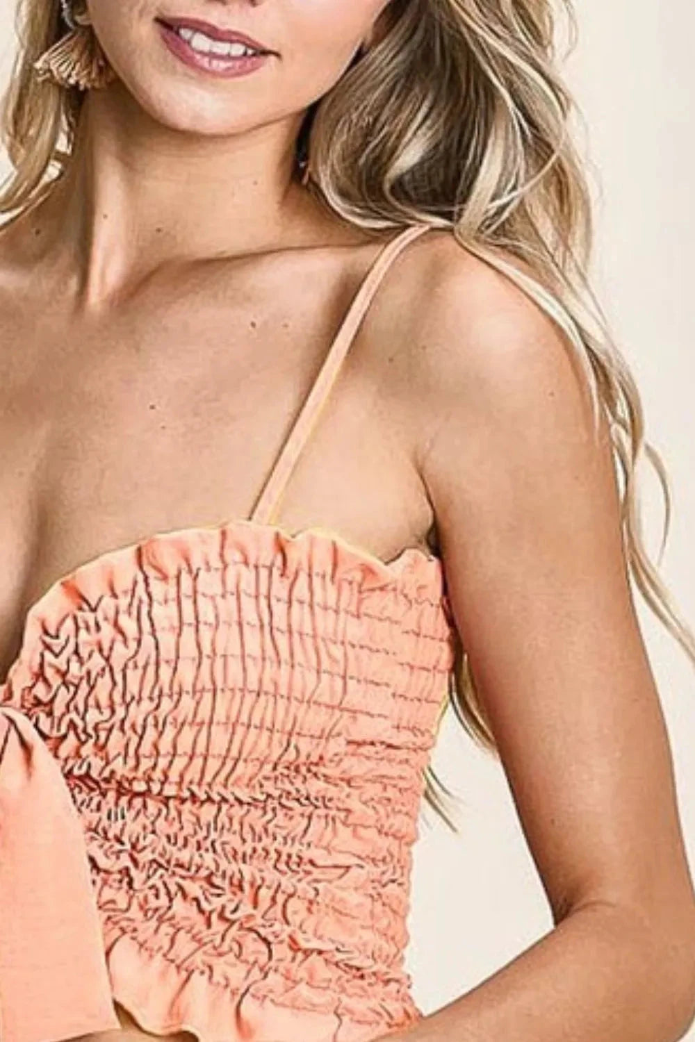 BiBi Woven Color Block Smocked with Ribbon Bra Top