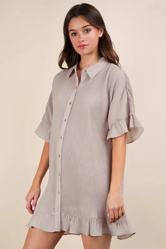 VERY J Pleated Detail Button Down Mini Dress