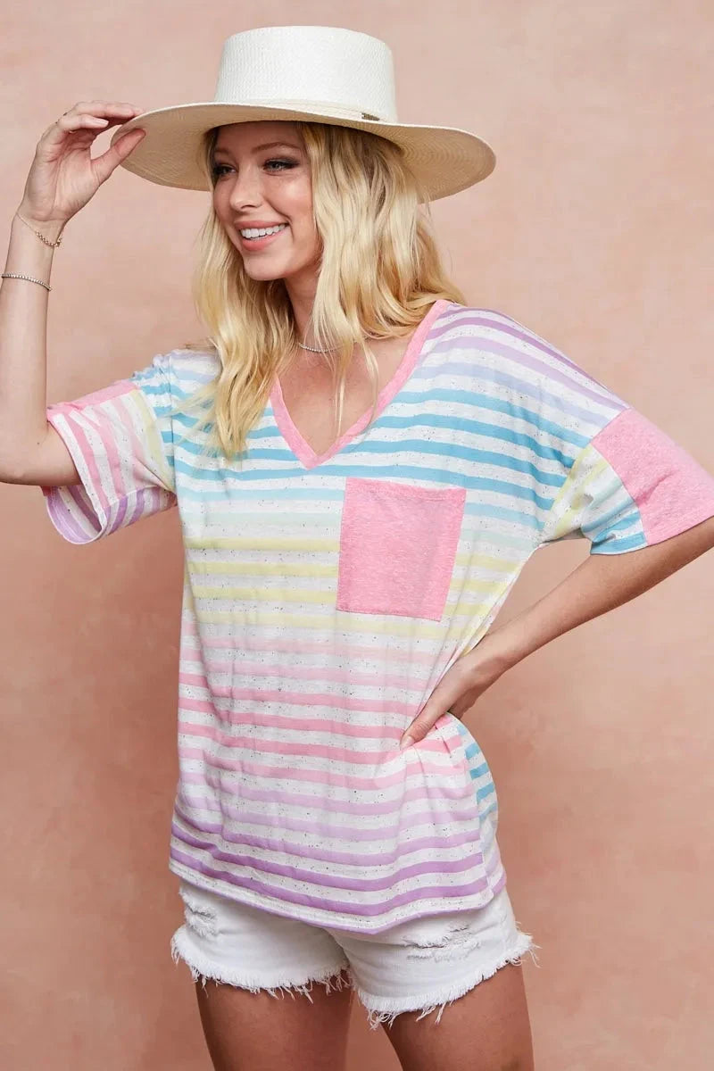 BiBi Rainbow Stripe Printed Triblend Knit Top