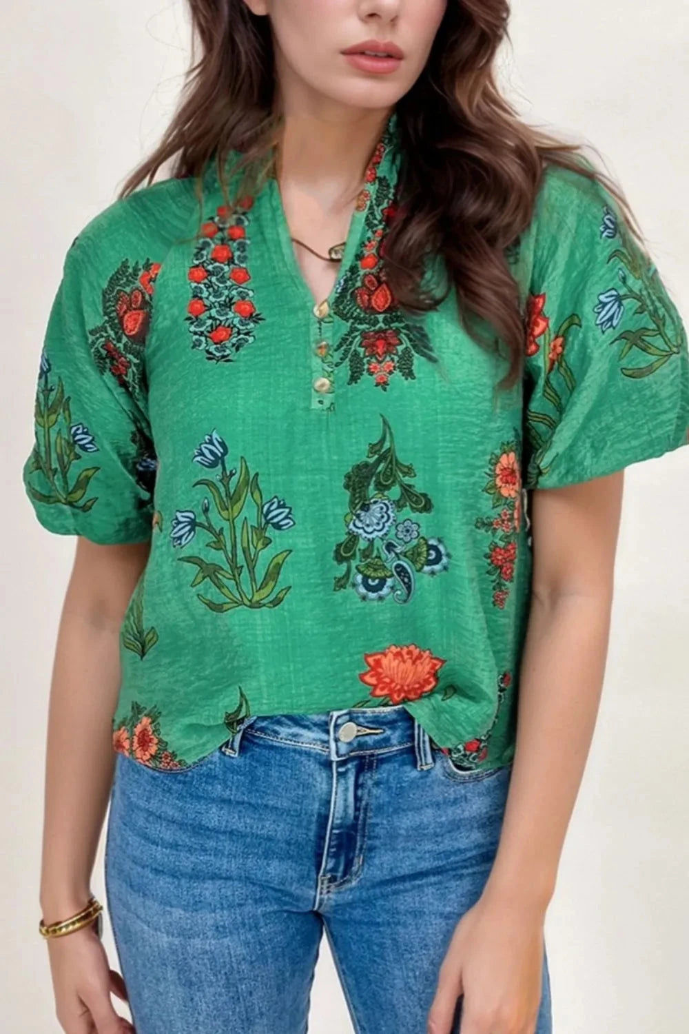 Floral Print Notched Short Sleeve Blouse