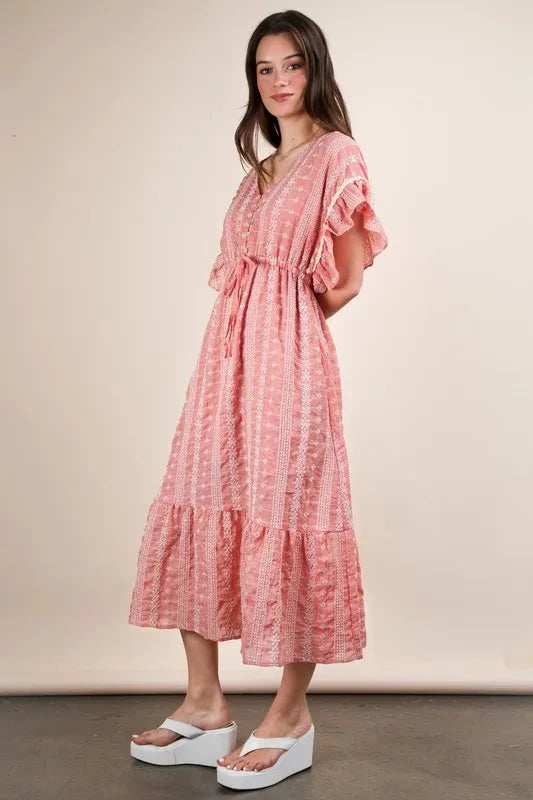 VERY J Embroidered Boho Ruffled Midi Dress